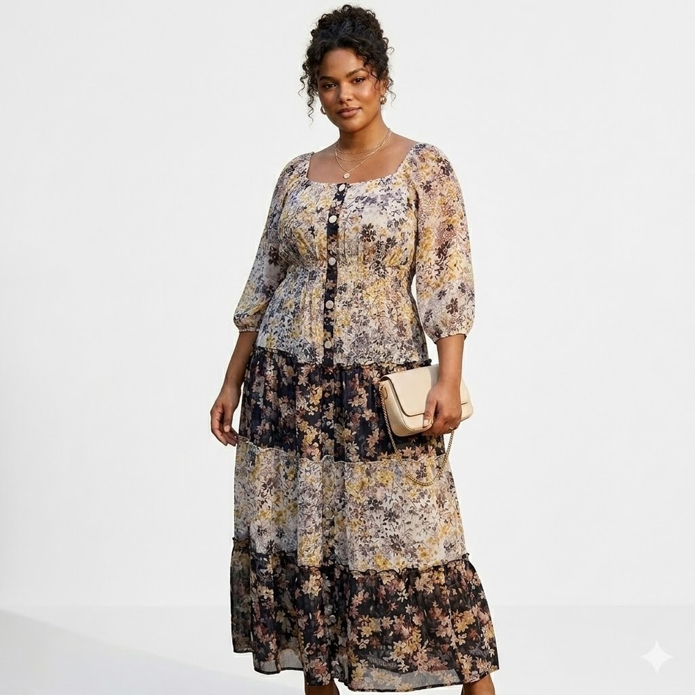 Figueroa & Flower Dress Womens 1X Multicolor Floral Tiered Smocked Maxi Dress